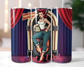 Retro Pin-Up Tumbler Wrap PNG – 20oz Skinny Sublimation Design with Jukebox & Sassy Girl, Digital Download Vintage Rockabilly Style