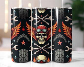 Biker Skull Tumbler Wrap PNG – 20oz Skinny Sublimation Design with Winged Helmet, Tools, Flames, Motorcycle Tires & Retro Garage Theme