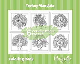 Turkey Mandala Coloring Pages PDF – 6 Printable Thanksgiving Designs for Adults | Zentangle Turkey Art | Relaxing Fall Coloring