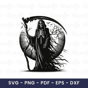 Grim Reaper SVG File – Dark Skeleton Clipart with Scythe and Tree, Gothic Halloween Cut File for Cricut & Sublimation Projects