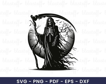 Grim Reaper SVG File – Dark Skeleton Clipart with Scythe and Tree, Gothic Halloween Cut File for Cricut & Sublimation Projects