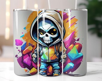Skull Hoodie Tumbler Wrap PNG – 20oz Skinny Sublimation Design with Graffiti Crystals, Urban Street Art, Digital Download