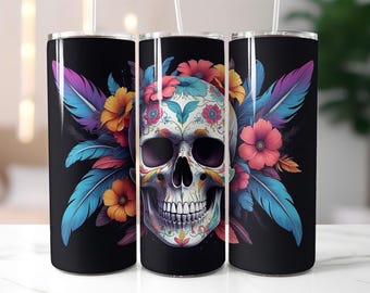 Sugar Floral Skull Tumbler Wrap PNG – 20oz Sublimation Design with Colorful Flowers, Feathers, Floral Gothic Clipart, Day of the Dead Art