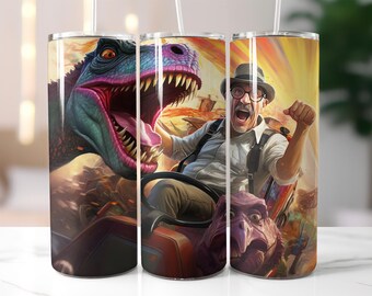 Dinosaur Adventure Tumbler Wrap PNG – 20oz Sublimation Design with Screaming Man, Colorful Dino Ride & Action Scene, Digital Download