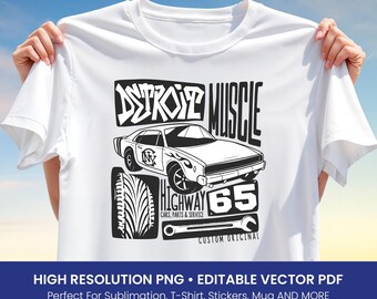 Detroit Muscle Car T-Shirt Design – Retro Classic Car Graphic with Highway 65 Text PNG & Editable Vector PDF for Sublimation Vintage Apparel