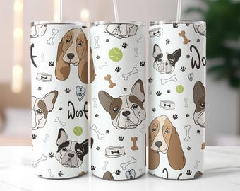 Dog Tumbler Wrap PNG, Cute Cartoon Puppy Design, 20oz Skinny Tumbler Sublimation, French Bulldog Beagle Bones Pattern, Dog Mom Gift