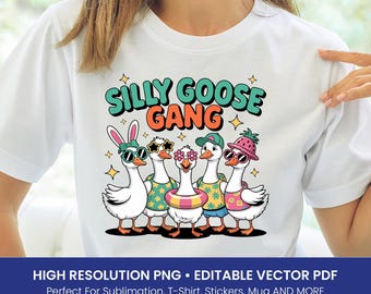 Funny Goose T-Shirt PNG – Silly Summer Duck Gang Clipart, Sublimation Design for Friends, Cute Animal Shirt Art PDF