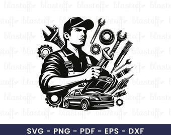 Mechanic SVG Design for Cricut, Auto Repair Clipart PNG, Car Garage Worker Vector, Wrench Tools Sublimation Cut File