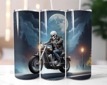 Ghost Rider Motorcycle Tumbler Wrap, Moonlight 20 oz Skinny Tumbler Sublimation Design, Skull Motorcycle Tumbler, Midnight Rebel Ride PNG
