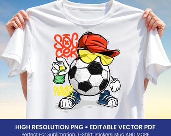 Graffiti Soccer Player T-Shirt Design – Urban Style Football Ball Character PNG & Vector PDF for Sublimation, Kids Clipart Art