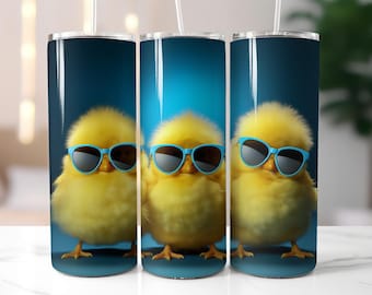 Cool Chick Tumbler Wrap PNG – 20oz Skinny Sublimation Design with Sunglasses Chick, Funny Yellow Baby Bird Pattern