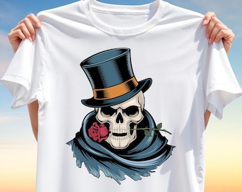 Romantic Skull with Rose T-Shirt Design – Gothic Skeleton PNG Clipart in Top Hat for Sublimation, Dark Love Digital Download for Apparel