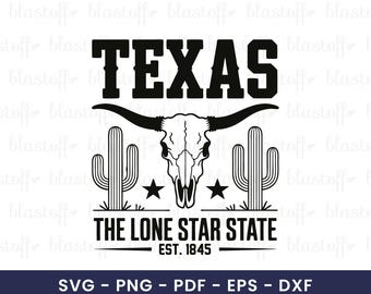 Texas Longhorn Skull SVG – The Lone Star State Clipart with Cactus & Western Font, Vintage Cowboy Cricut Design for T-Shirts and Signs