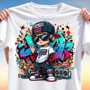 Hip Hop Street Style T-Shirt PNG – Cool Urban T-Shirt Design with Graffiti & Headphones – Sublimation Printable Clipart for Apparel