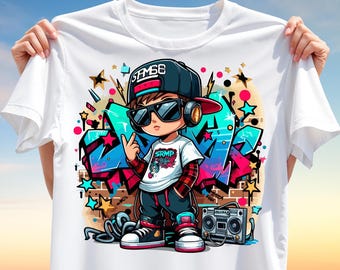 Hip Hop Street Style Boy PNG – Cool Urban T-Shirt Design with Graffiti & Headphones – Sublimation Printable Clipart for Apparel