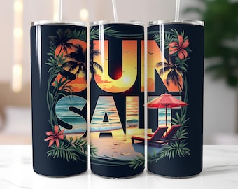 Sun Salt Tumbler Wrap PNG, 20oz Skinny Sublimation Design, Tropical Beach Sunset, Palm Trees Hibiscus Flowers Digital Download