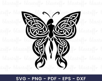 Celtic Butterfly Fairy SVG – Tribal Knotwork Woman Silhouette Clipart for Cricut, Tattoos, T-Shirts, Stickers and Sublimation