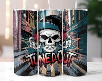 Tuned Out Skull Tumbler Wrap PNG – 20oz Sublimation Design, Urban Graffiti Street Art with Headphones, Digital Grunge Style