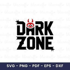 Może przedstawiać: Czarno-czerwony projekt graficzny z napisem "DARK ZONE" pogrubioną, stylizowaną czcionką. Mała czerwona postać diabła z rogami i oczami jest zintegrowana z projektem. Na dole obrazu znajdują się opcje typu pliku: SVG, PNG, PDF, EPS i DXF.