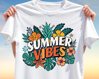 Summer Vibes PNG – Tropical Floral Sublimation Design, Bright Colorful Beach Clipart for T-Shirts, Summer Festival Digital Download