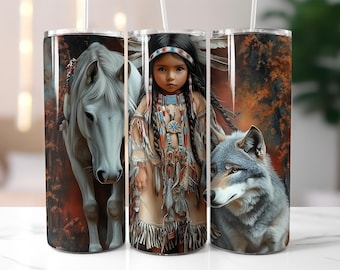 Native Spirit Tumbler Wrap PNG – 20oz Skinny Sublimation Design with Tribal Girl, White Horse & Wolf, Nature-Inspired Digital Art