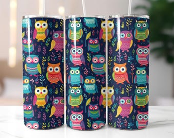 Colorful Owl Pattern Tumbler Wrap PNG, 20 oz Skinny Tumbler Sublimation, Fun Bird Design Cup Wrap, Cute Animal PNG