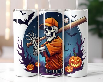 Halloween Skull Baseball Tumbler Wrap PNG – 20oz Skinny Wrap with Skeleton Player, Pumpkins and Bats, Skull Spooky Sports Sublimation Design