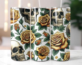 Skull and Yellow Rose Tumbler Wrap PNG – 20oz Skinny Sublimation Design, Vintage Floral Tattoo Art, Gothic Aesthetic Digital Download