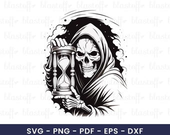 Grim Reaper SVG with Hourglass – Dark Gothic Skeleton Clipart for Cricut, Sublimation T-Shirt Design, Skull Vector for DIY Crafts