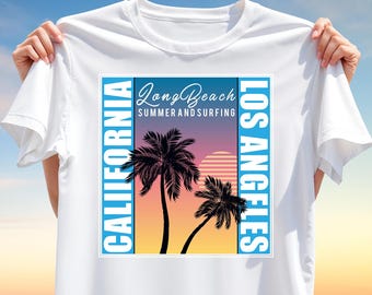 California Beach Sunset T-Shirt PNG – Summer Surfing T-Shirt Design for Sublimation, Los Angeles Palm Tree Clipart for Coastal Apparel png