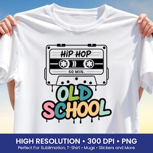 Koszulka z nadrukiem w stylu oldschool hip-hop w formacie PNG, nadruk sublimacyjny z kasety magnetofonowej w stylu retro, grafika na koszulce z muzyką rap z lat 90., grafika w miejskim stylu vintage