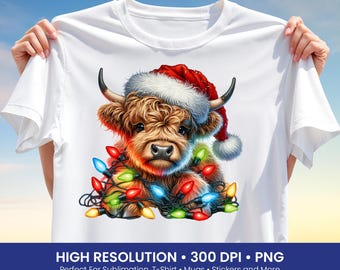 Christmas Cow Png, Highland Cow Christmas Png, Cute Cow With Lights Png, Holiday Cow Design Png, Cow Tshirt Png, Sublimation Design, DTF