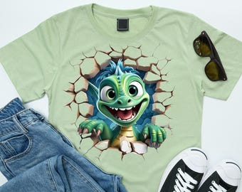 3D Cute Dragon T-Shirt Design PNG – Cartoon Fantasy Lizard Breaking Wall, Fun Sublimation Download for Tees & Sweatshirts, Digital File Png