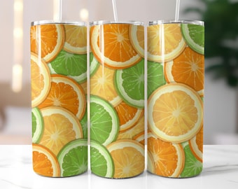Citrus Fruit Tumbler Wrap PNG – 20oz Skinny Sublimation Design with Orange, Lemon, Lime Slices – Bright Summer Printable Tumbler Wrap