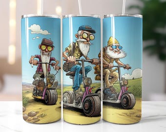 Funny Grandpa Tumbler Wrap PNG – 20oz Skinny Sublimation Design Featuring Bearded Old Men on Scooters, Cartoon Style, Retro Adventure Vibes