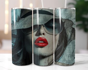 Vintage Newspaper Glam Tumbler Wrap PNG – 20oz Skinny Tumbler Sublimation Design with Red Lips, Sunglasses, Hat & Retro Femme Style Tumbler