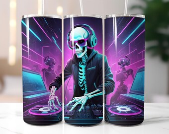 DJ Skeleton Tumbler Wrap PNG, Neon Cyberpunk Halloween Design, 20 oz Skinny Tumbler Sublimation, Party Skull Cup Wrap