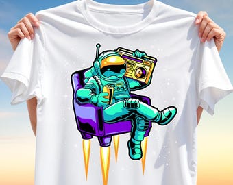 Cool Astronaut with Boombox T-Shirt PNG – Retro Space T-Shirt Design, Funky Galaxy Sublimation Art with Floating Rocket Chair & Beer PNG