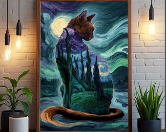 Muurkunst kat sterrennacht: fantasielandschap dierendecoratie | Mystieke nachtposter | Digitale download