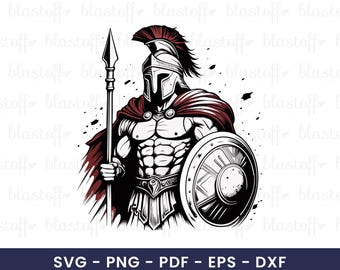 Spartan Warrior SVG – Gladiator Helmet Clipart with Spear & Shield, Epic Ancient Fighter Design for Cricut T-Shirts, Sublimation Art