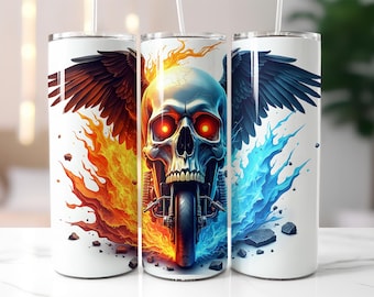 Fire and Ice Skull Tumbler Wrap PNG – 20oz Skinny Tumbler Wrap with Red-Eyed Biker Skull, Motorcycle, Wings and Flames – Sublimation Wrap