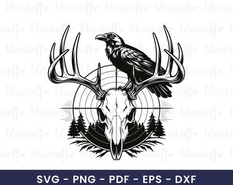 Raven on Deer Skull SVG – Gothic Hunting Hunting Wildlife Clipart, Dark Forest Gothic Design for T-Shirts, Mugs & Cricut Sublimation