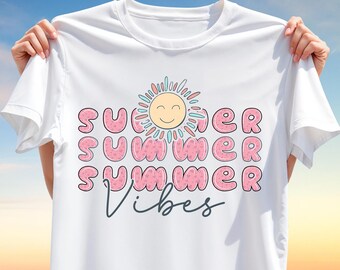 Summer Vibes T-Shirt Design PNG – Cute Pink Donut Style Letters with Smiling Sun Illustration – Sublimation Clipart for Summer Shirts