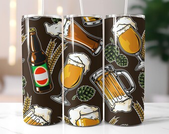 Beer Glasses Tumbler Wrap PNG – 20oz Skinny Tumbler Sublimation Design with Ale Mugs, Craft Bottles, Hops & Bar Style Illustration