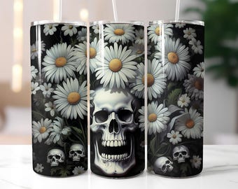 Skull and Daisies Tumbler Wrap PNG – 20oz Skinny Tumbler Wrap with Floral White Daisies and Dark Gothic Skull – Sublimation Wrap Design