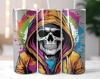 Street Art Skull Tumbler Wrap PNG – 20oz Skinny Sublimation Design with Color Splash, Hoodie Skeleton & Graffiti Vibes – Digital Download