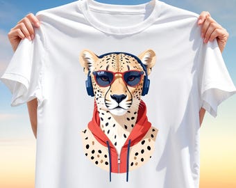 Stylish Cheetah T-Shirt Design PNG – Urban Streetwear Animal Clipart with Headphones & Hoodie, Cool Sublimation Print Art
