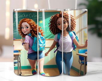 Classroom School Girl Tumbler Wrap PNG – 20oz Skinny Tumbler Sublimation Design with Backpack, Curly Hair, Summer Outfit, Chalkboard