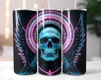 Skull with Wings Tumbler Wrap PNG, Neon Pink Blue Gothic 20 oz Skinny Sublimation Design, Angel Skeleton Digital Art