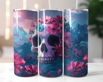 Floral Skull Tumbler Wrap PNG, Gothic Mountain Scene Design, 20 oz Skinny Tumbler Sublimation, Dark Flower Cup Wrap